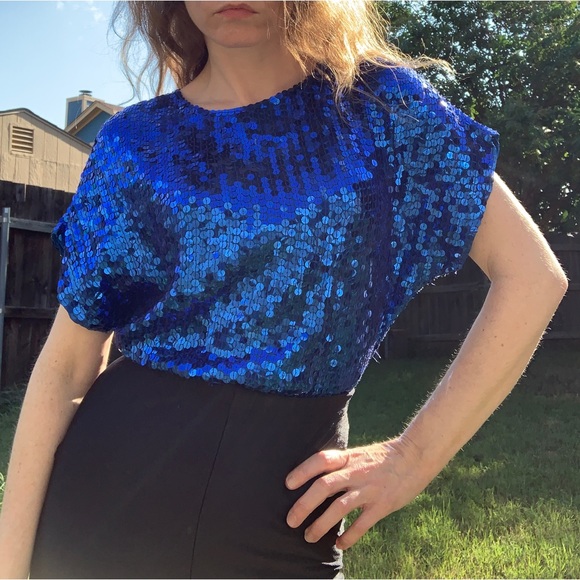 Vintage 80s blue Sequin Blouse - Picture 1 of 9